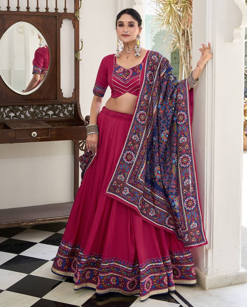 women's tasar silk gamthi printed navratri chaniya choli set with gotta patti work - free size