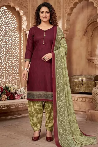 Red printed cotton blend stitched self design print salwar kurta dupatta for women