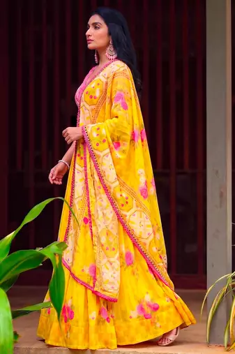 Women Yellow Floral Georgette Lehenga Choli Set with Pink Handwork Blouse Piece