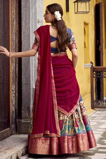 Women's Poly Chanderi Kalamkari Printed Lehenga Choli with Georgette Dupatta