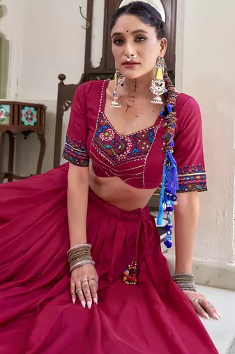 women's tasar silk gamthi printed navratri chaniya choli set with gotta patti work - free size