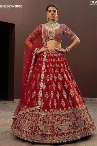Red silk blend embroidered lehenga choli