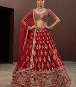 Red silk blend embroidered lehenga choli