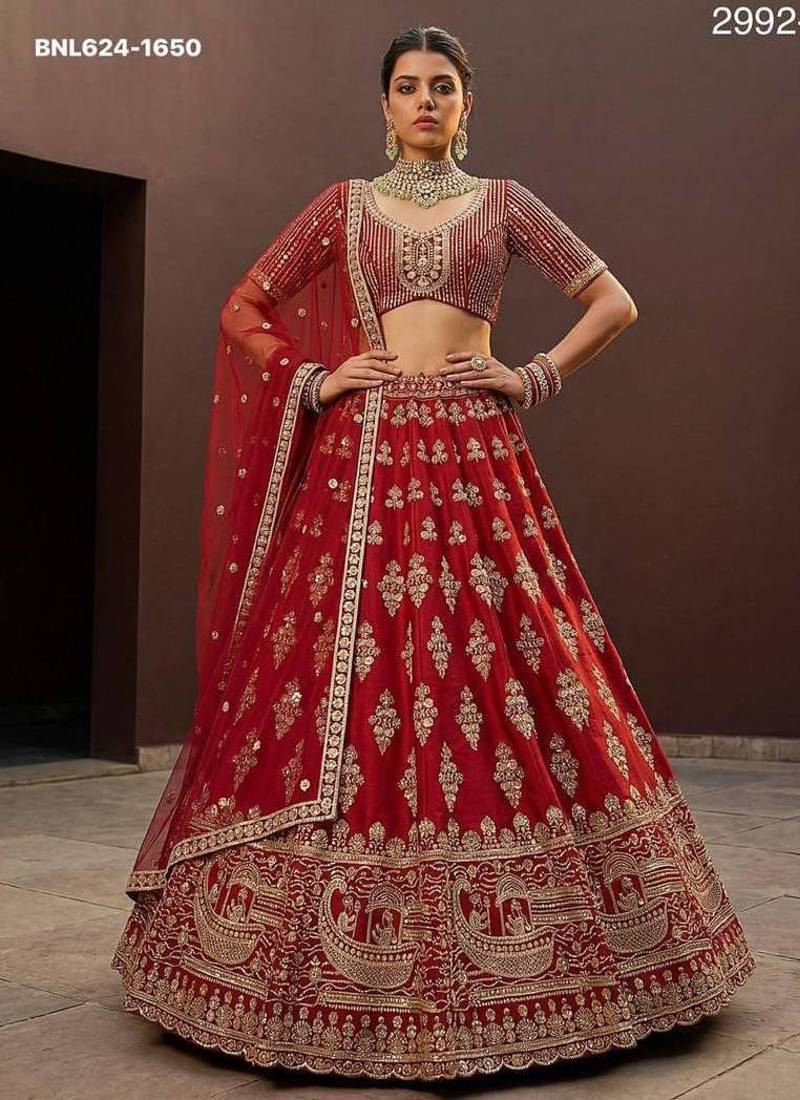 Red silk blend embroidered lehenga choli