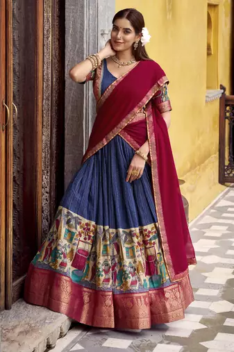Women's Poly Chanderi Kalamkari Printed Lehenga Choli with Georgette Dupatta