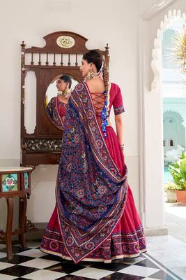 women's tasar silk gamthi printed navratri chaniya choli set with gotta patti work - free size 3