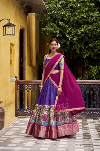 Women's Poly Chanderi Kalamkari Printed Lehenga Choli with Georgette Dupatta