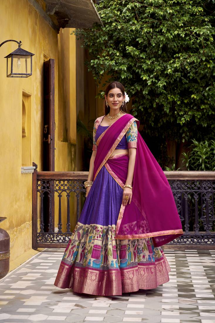 Women's Poly Chanderi Kalamkari Printed Lehenga Choli with Georgette Dupatta