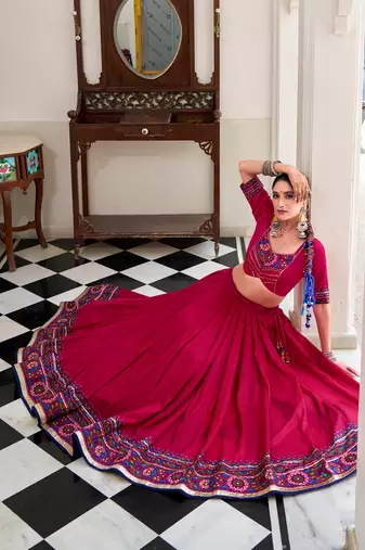 women's tasar silk gamthi printed navratri chaniya choli set with gotta patti work - free size