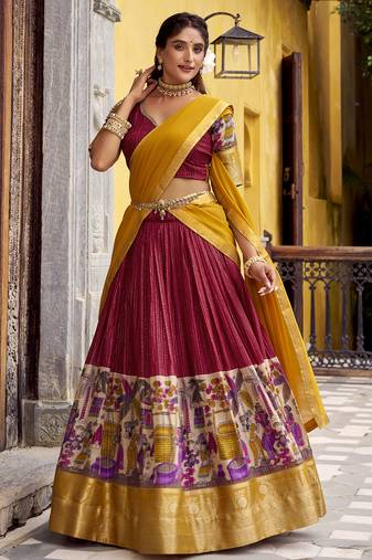 Women's Poly Chanderi Kalamkari Printed Lehenga Choli with Georgette Dupatta