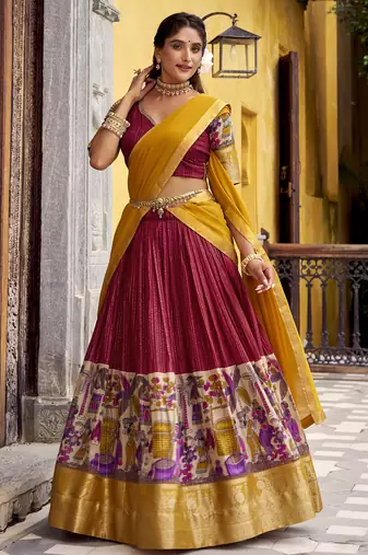Women's Poly Chanderi Kalamkari Printed Lehenga Choli with Georgette Dupatta