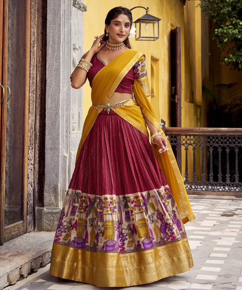 Women's Poly Chanderi Kalamkari Printed Lehenga Choli with Georgette Dupatta