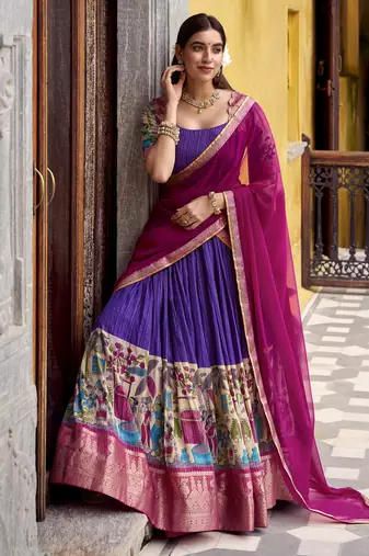 Women's Poly Chanderi Kalamkari Printed Lehenga Choli with Georgette Dupatta