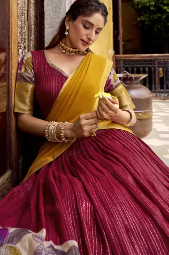 Women's Poly Chanderi Kalamkari Printed Lehenga Choli with Georgette Dupatta