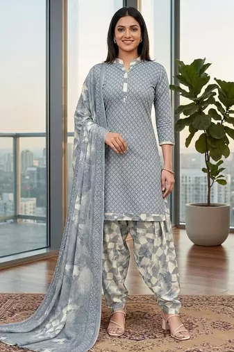 Grey printed cotton blend stitched geometric print salwar kurta dupatta for women