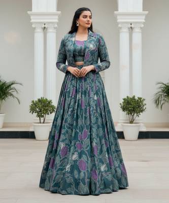 women's tasar silk printed co-ord set lehenga choli with jacket koti - free size 1