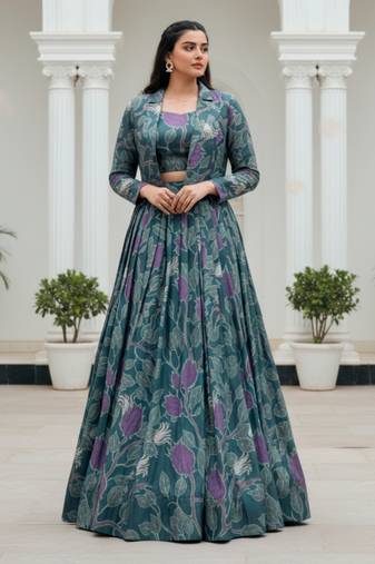 women's tasar silk printed co-ord set lehenga choli with jacket koti - free size