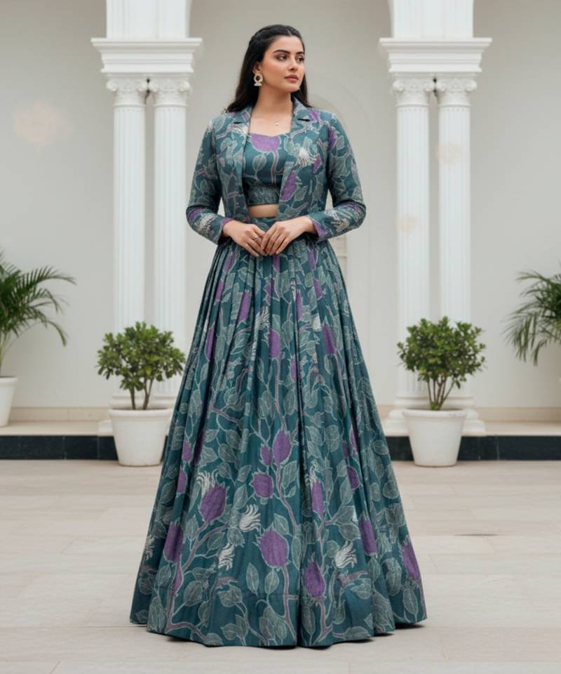 women's tasar silk printed co-ord set lehenga choli with jacket koti - free size