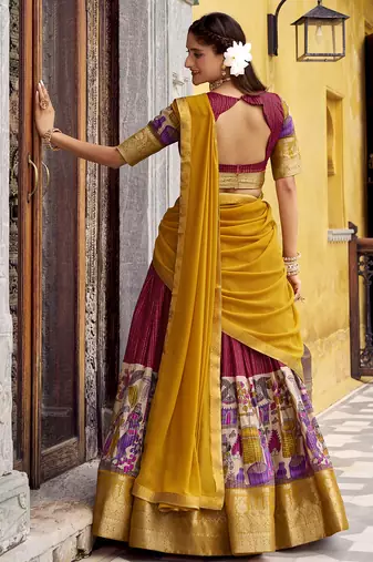 Women's Poly Chanderi Kalamkari Printed Lehenga Choli with Georgette Dupatta