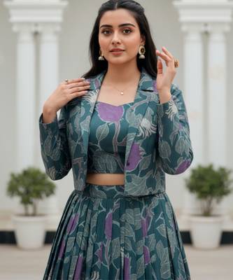 women's tasar silk printed co-ord set lehenga choli with jacket koti - free size 2