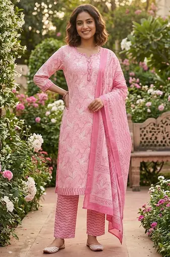 Pink printed cotton blend stitched floral print salwar kurta dupatta for women