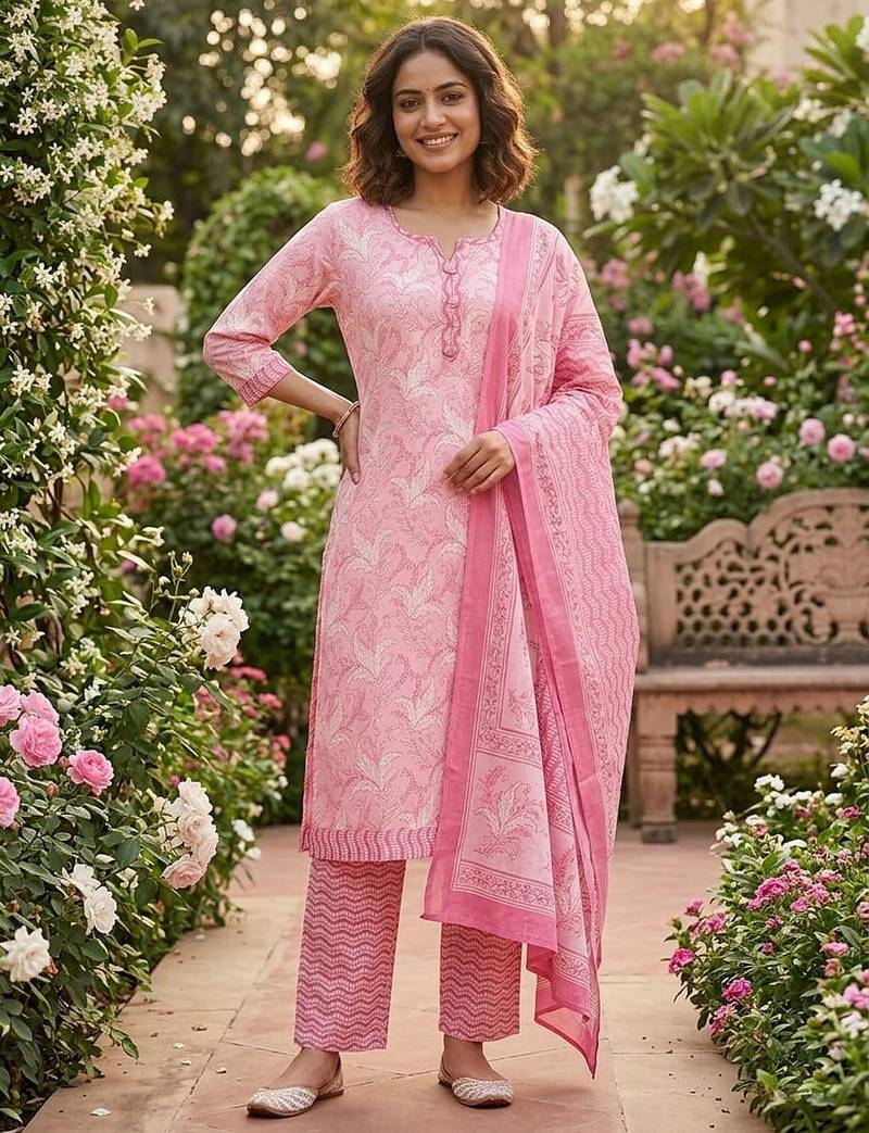 Pink printed cotton blend stitched floral print salwar kurta dupatta for women