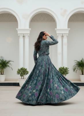 women's tasar silk printed co-ord set lehenga choli with jacket koti - free size 3
