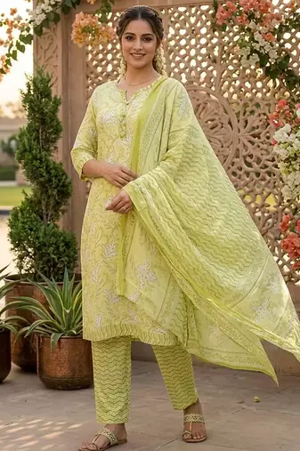 Yellow printed cotton blend stitched floral print salwar kurta dupatta for women