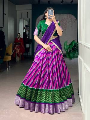 Women Leheriya Print Tasar Silk Lehenga Set with Zari Work & Chinon Sequins Dupatta 1