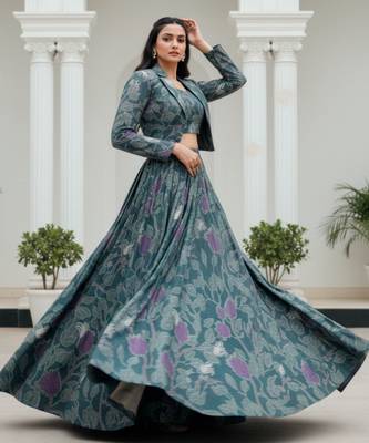women's tasar silk printed co-ord set lehenga choli with jacket koti - free size 4