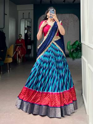 Women Leheriya Print Tasar Silk Lehenga Set with Zari Work & Chinon Sequins Dupatta 1