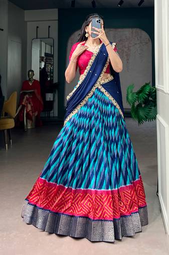 Women Leheriya Print Tasar Silk Lehenga Set with Zari Work & Chinon Sequins Dupatta