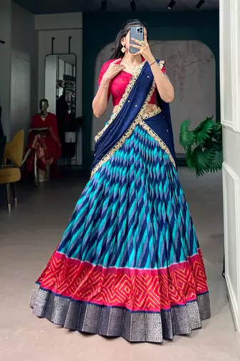 Women Traditional Leheriya Print Tasar Silk Lehenga Set with Zari Work & Chinon Sequins Dupatta