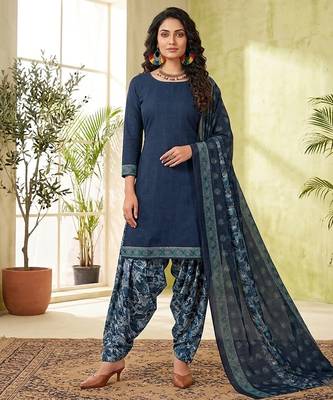 Blue printed cotton blend stitched solid print salwar kurta dupatta for women 4