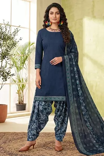 Blue printed cotton blend stitched solid print salwar kurta dupatta for women