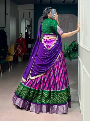Women Leheriya Print Tasar Silk Lehenga Set with Zari Work & Chinon Sequins Dupatta 3