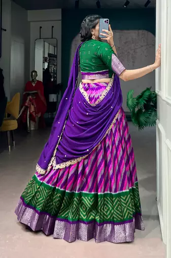 Women Traditional Leheriya Print Tasar Silk Lehenga Set with Zari Work & Chinon Sequins Dupatta
