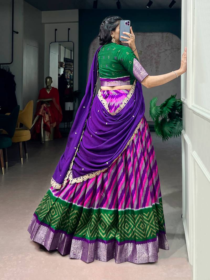 Women Leheriya Print Tasar Silk Lehenga Set with Zari Work & Chinon Sequins Dupatta