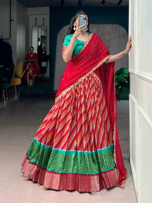 Women Leheriya Print Tasar Silk Lehenga Set with Zari Work & Chinon Sequins Dupatta 1