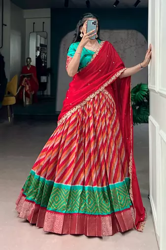 Women Traditional Leheriya Print Tasar Silk Lehenga Set with Zari Work & Chinon Sequins Dupatta