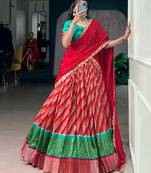 Women Leheriya Print Tasar Silk Lehenga Set with Zari Work & Chinon Sequins Dupatta