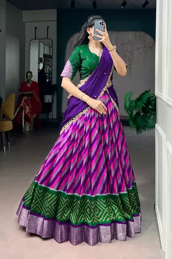 Women Traditional Leheriya Print Tasar Silk Lehenga Set with Zari Work & Chinon Sequins Dupatta