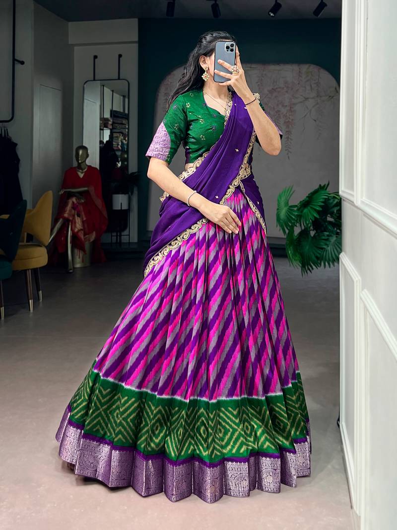 Women Leheriya Print Tasar Silk Lehenga Set with Zari Work & Chinon Sequins Dupatta