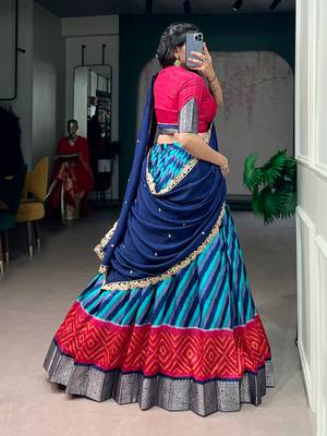 Women Leheriya Print Tasar Silk Lehenga Set with Zari Work & Chinon Sequins Dupatta 3