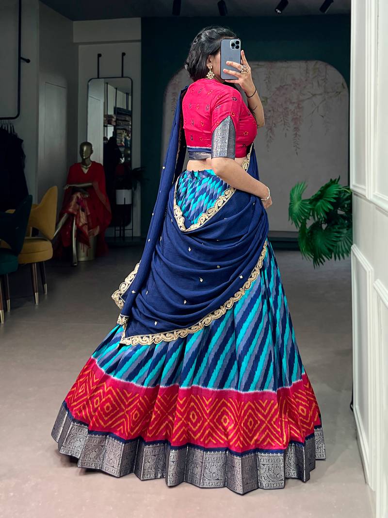 Women Leheriya Print Tasar Silk Lehenga Set with Zari Work & Chinon Sequins Dupatta