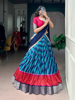 Women Leheriya Print Tasar Silk Lehenga Set with Zari Work & Chinon Sequins Dupatta 4