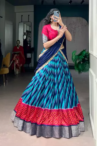 Women Traditional Leheriya Print Tasar Silk Lehenga Set with Zari Work & Chinon Sequins Dupatta