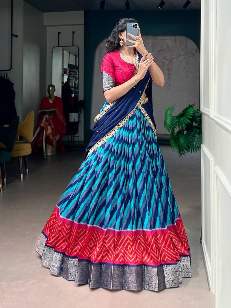 Women Leheriya Print Tasar Silk Lehenga Set with Zari Work & Chinon Sequins Dupatta