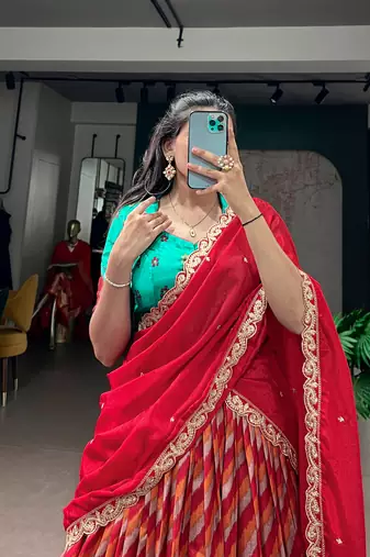 Women Traditional Leheriya Print Tasar Silk Lehenga Set with Zari Work & Chinon Sequins Dupatta