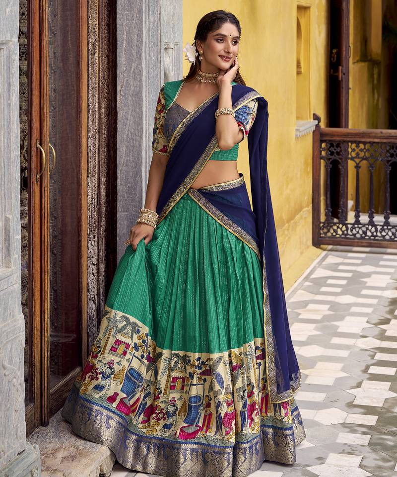 Women's Poly Chanderi Kalamkari Printed Lehenga Choli with Georgette Dupatta